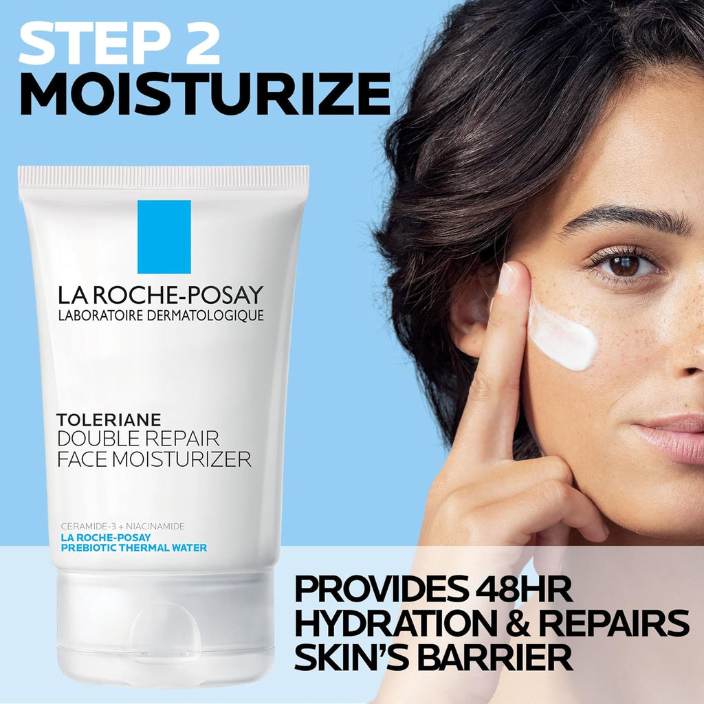 Toleriane Skin Care Set – Double Repair Face Moisturizer 100ml & Purifying Foaming Facial Cleanser 50ml for Oily Skin