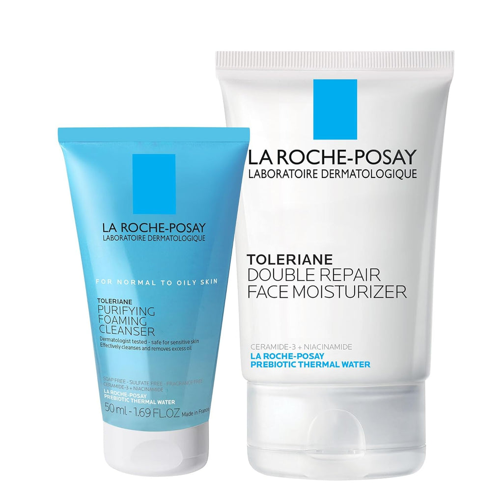 Toleriane Skin Care Set – Double Repair Face Moisturizer 100ml & Purifying Foaming Facial Cleanser 50ml for Oily Skin