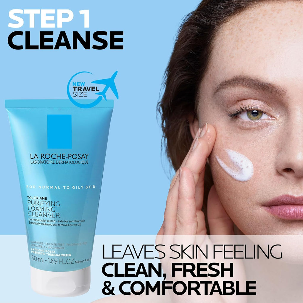Toleriane Skin Care Set – Double Repair Face Moisturizer 100ml & Purifying Foaming Facial Cleanser 50ml for Oily Skin