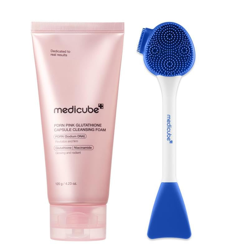 PDRN Deep Cleanse Duo: Pink Glutathione Capsule Foam Cleanser and Multi Pore Brush | Pore Care, Gentle Exfoliation & Deep Cleansing Routine | Korean Skincare Set