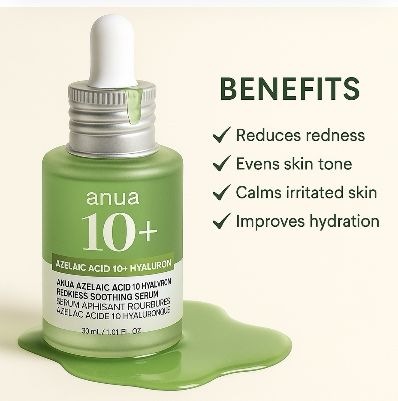 Anua Azelaic Acid 10% + Hyaluron Redness Soothing Serum – Calming & Hydrating Face Serum (30ml / 1.01 fl oz)