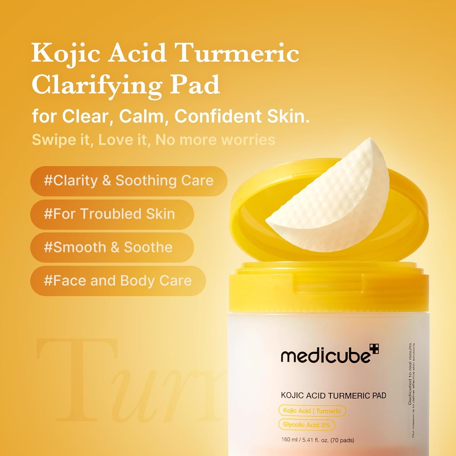Medicube Kojic Acid Turmeric Clarifying Toner Pads (70 Pads) – Brightening, Exfoliating & Hydrating Korean Toner Pads
