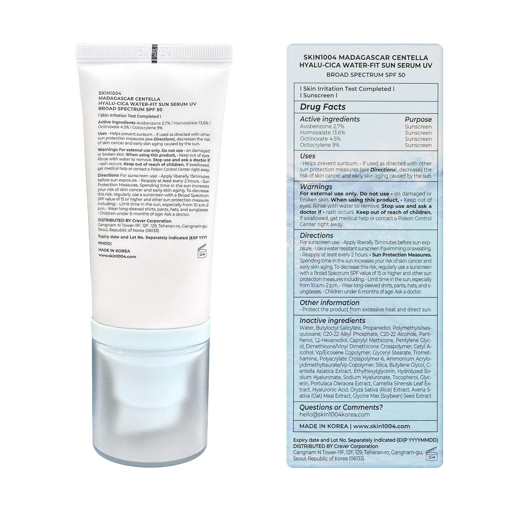 SKIN1004 Hyalu-Cica Water-Fit Sun Serum SPF 50+ PA++++ – Hydrating Korean Sunscreen (50ml / 1.69 fl oz)