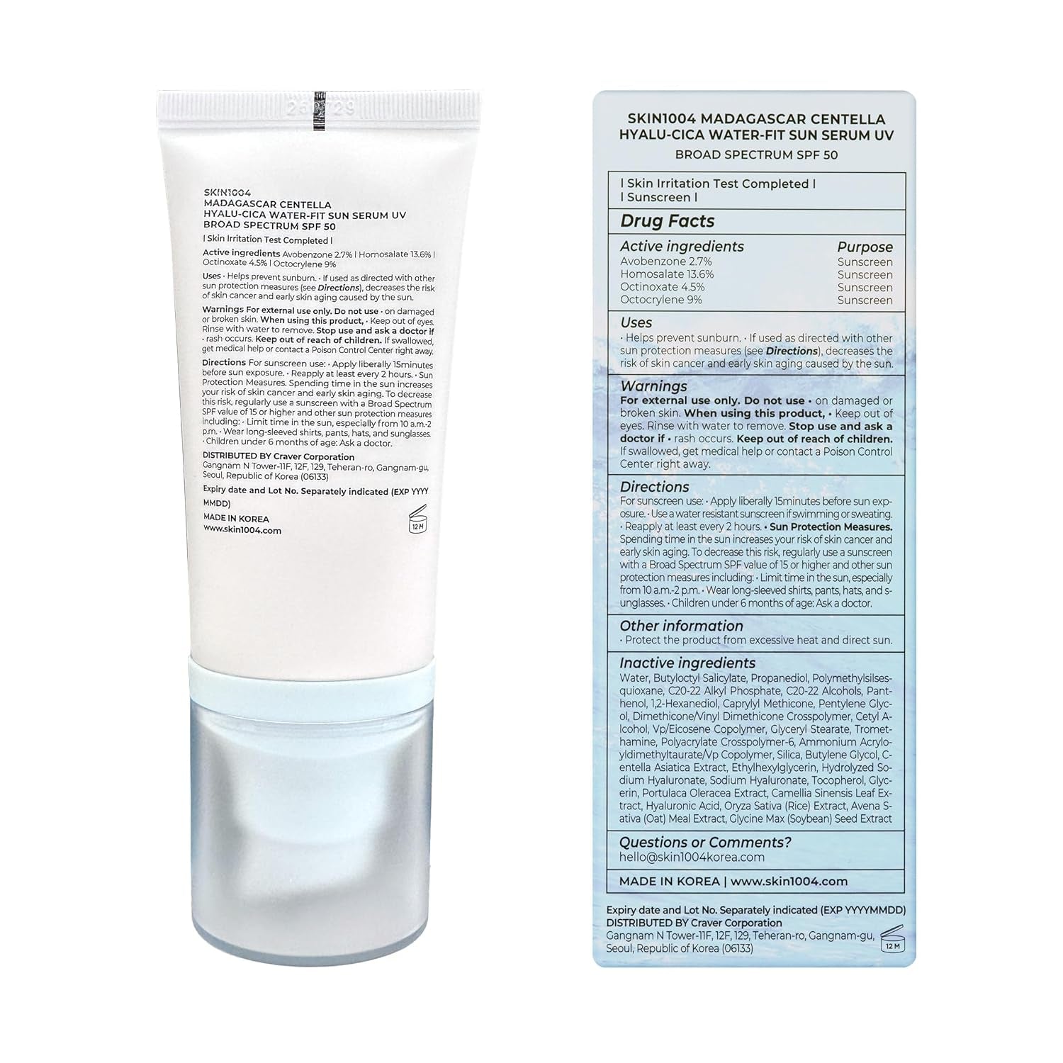 SKIN1004 Hyalu-Cica Water-Fit Sun Serum SPF 50+ PA++++ – Hydrating Korean Sunscreen (50ml / 1.69 fl oz)