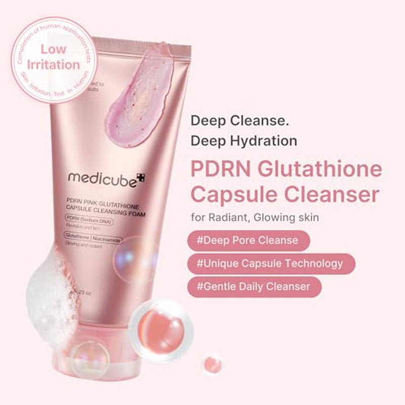 PDRN Deep Cleanse Duo: Pink Glutathione Capsule Foam Cleanser and Multi Pore Brush | Pore Care, Gentle Exfoliation & Deep Cleansing Routine | Korean Skincare Set