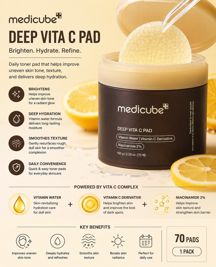 Medicube Deep Vita C Pads (70 Pads) – Brightening Toner Pads for Dark Spots, Acne Marks & Uneven Skin Tone
