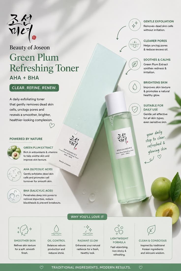 Beauty of Joseon Green Plum Refreshing Toner AHA + BHA 150ml – Gentle Exfoliating Korean Face Toner